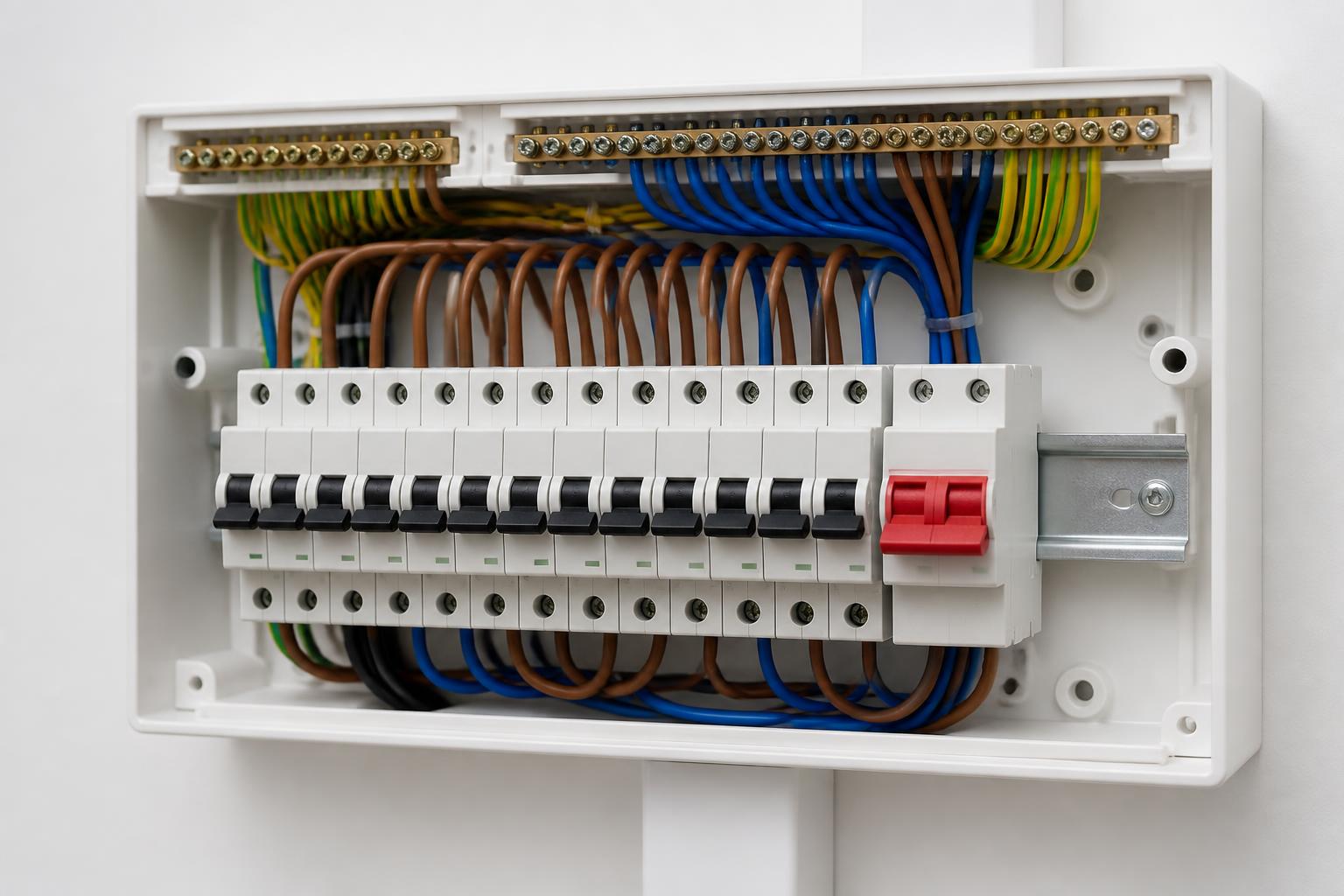 Modern UK consumer unit with neatly arranged breakers and tidy cabling