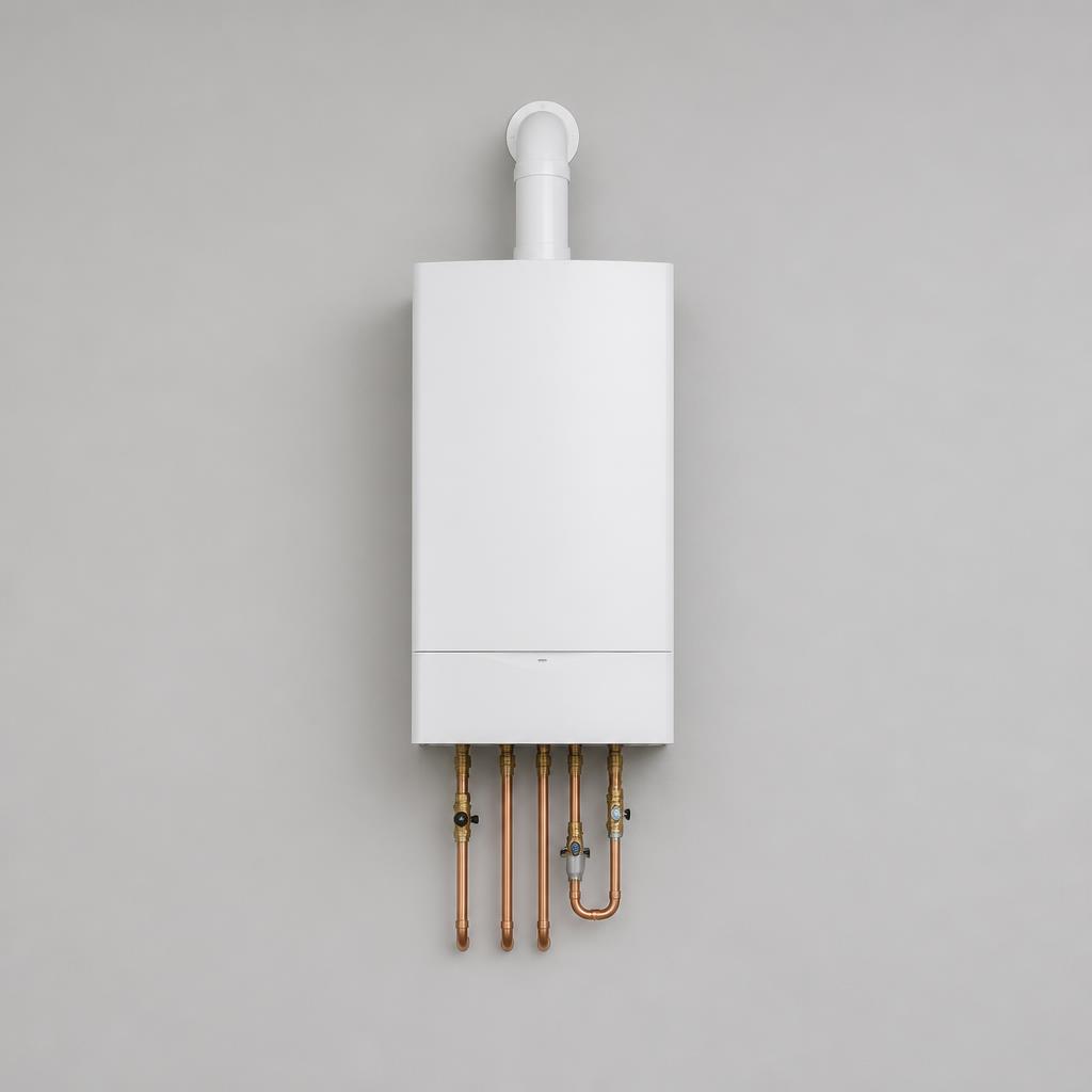 Modern white wall-mounted combi boiler with copper pipework